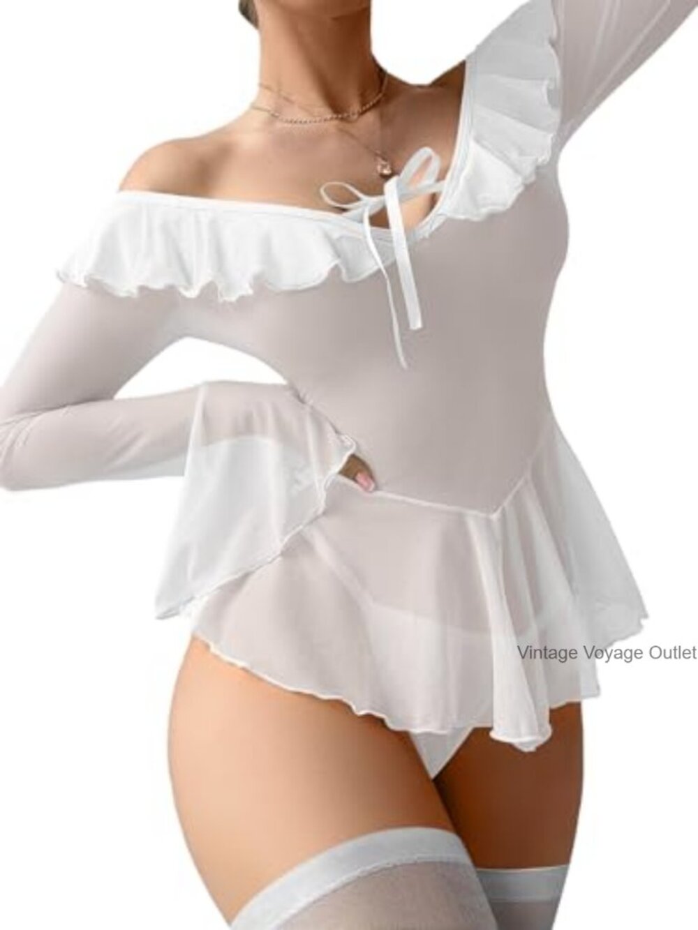 Sexy Sheer Mesh Babydoll Lingerie Set with Stockings & Thong - Picture 3 of 7